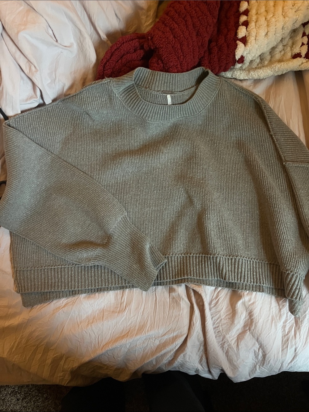 Free People Cropped Crewneck Sweater in Sage Gray